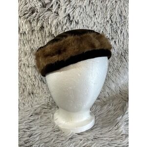 Vintage Real Fur Round Pillbox Early-Mid Century Woman Hat Handmade Winter Felt